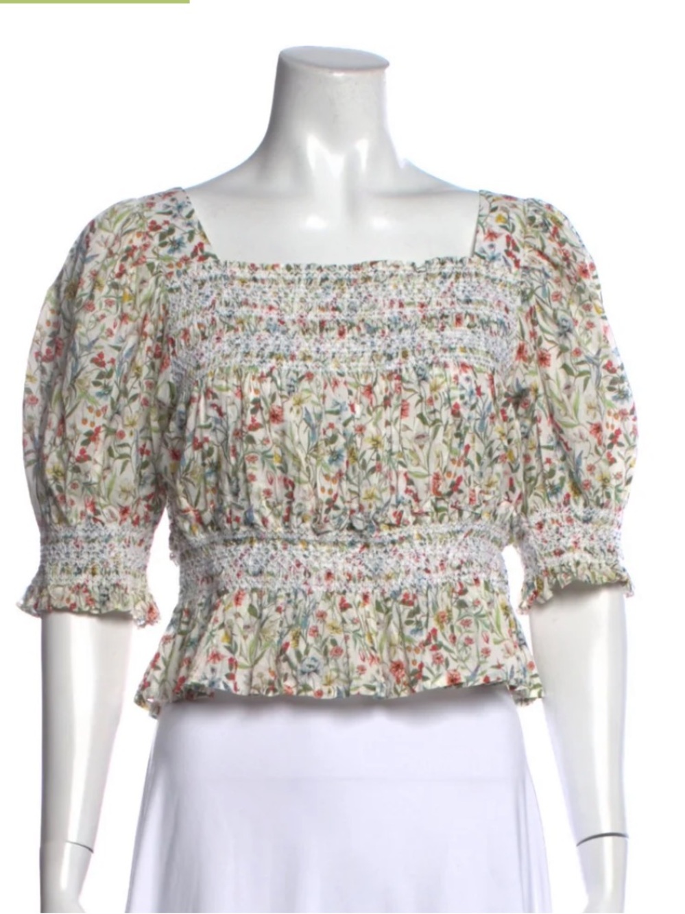 Loeffler Randall Cream Floral Smocked Peasant Blouse Small Smocked